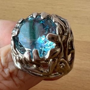 QVC Hagit Gorali Sterling Silver HUGE round Blue Topaz Statement Ring ORGANIC